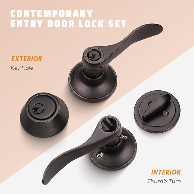 KNOBWELL 3 Pack Front Entry Door Handle Lock Set with Single Cylinder Deadbolt, Exterior Entry Lever Door Handle and Deadbolt, Door Handle Lever with Lock and Key, Oil Rubbed Bronze, Keyed Alike