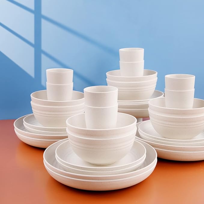 Supernal Wheat Straw Dinnerware Sets,Dish Sets for 8,Plates and Bowls Set Dishwasher Safe,Unbreakable Dinnerware,Reusable Tableware Set,Beige Color 16pcs Plates, 8pcs Bowls, 8pcs Cups.