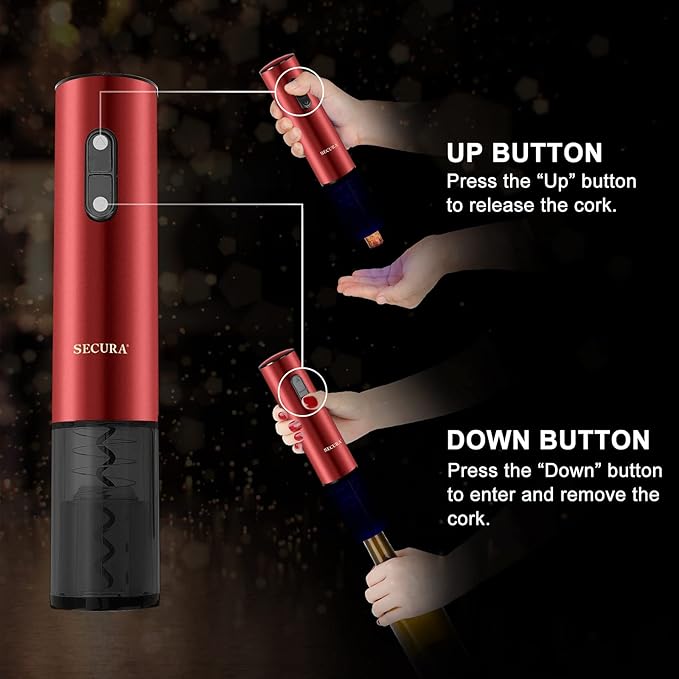 Secura Electric Wine Opener, Automatic Electric Wine Bottle Corkscrew Opener with Foil Cutter, Rechargeable (Red)
