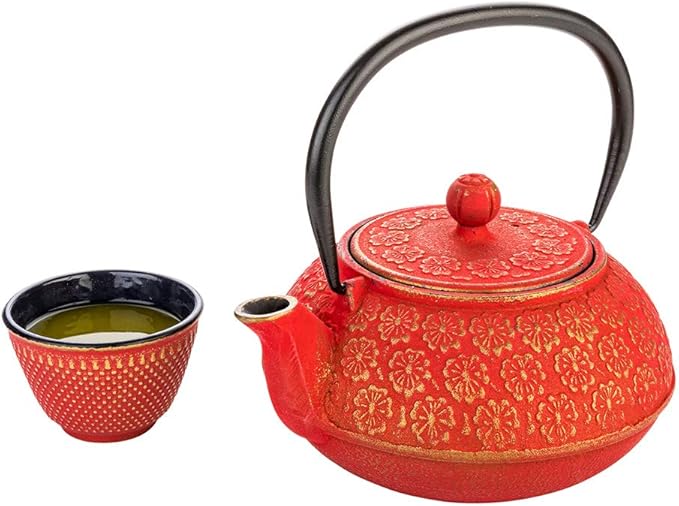 Restaurantware-30 Ounce Japanese Teapot, 1 Enamel Coated Japanese Tea Kettle - Cherry Blossom Design, Includes Mesh Strainer, Red Cast Iron Primitive Kettle, For Teabags And Loose Leaf Tea