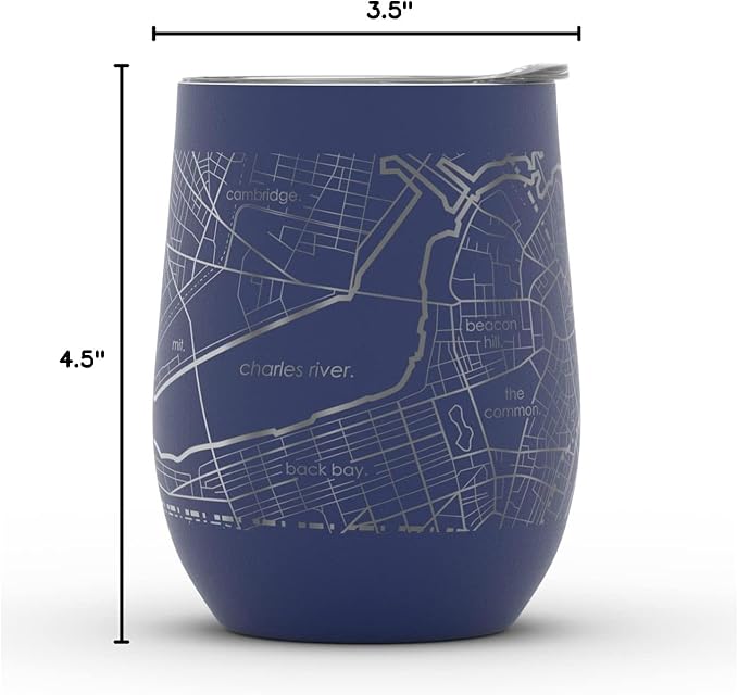 Well Told Engraved Boston Massachusetts Map Insulated Wine Tumbler, Etched Stainless Steel Cup (12 oz, Midnight Blue) City Map Insulated Tumbler, Custom Insulated Tumbler, Outdoor Drinkware