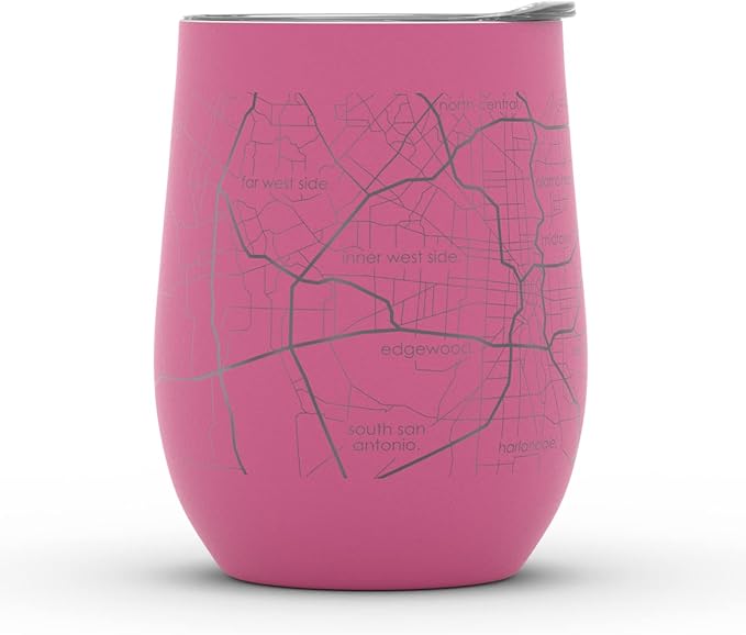 Well Told Engraved San Antonio Texas Map Insulated Wine Tumbler, Etched Stainless Steel Cup (12 oz, Sunset Pink) City Map Insulated Tumbler, Custom Insulated Tumbler, Outdoor Drinkware