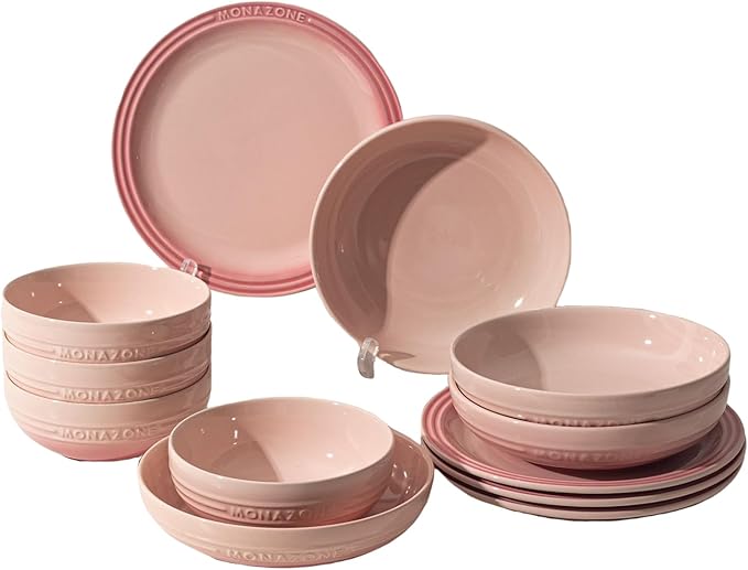 12-Piece Pink Ceramic Dinnerware Set - Monazone Series, Service for 4, Includes Bowls & 8''/9'' Plates, Glossy Finish