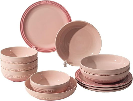 12-Piece Pink Ceramic Dinnerware Set - Monazone Series, Service for 4, Includes Bowls & 8''/9'' Plates, Glossy Finish