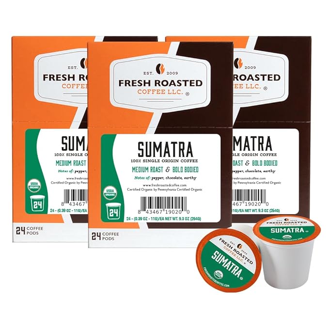 Fresh Roasted Coffee, Organic Sumatra | 100% Single Origin, USDA Organic, Kosher | Medium Roast K-Cup Compatible | 72 Pods