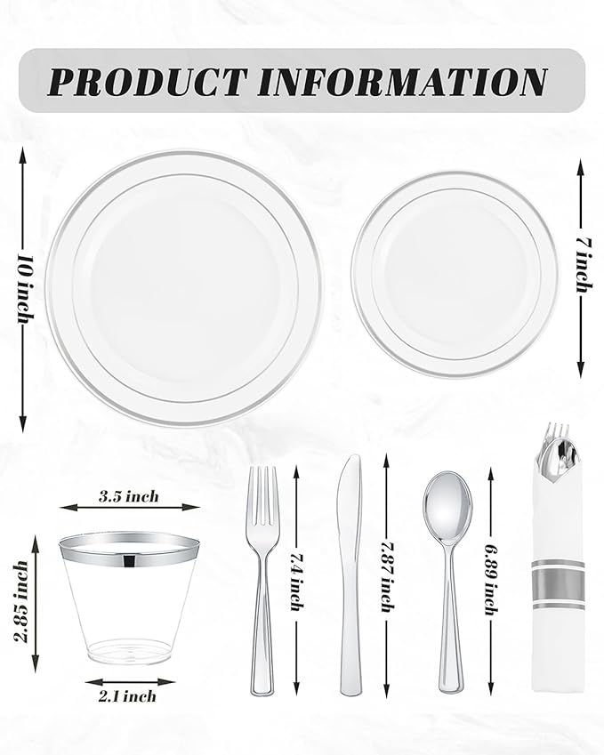 175PCS Sliver Plastic Plates - Christmas Plates Disposable - White Plate with Silver Trim 25Guests Plastic Dinnerware Sets with Rolled Napkins for Wedding/Birthday/Christmas