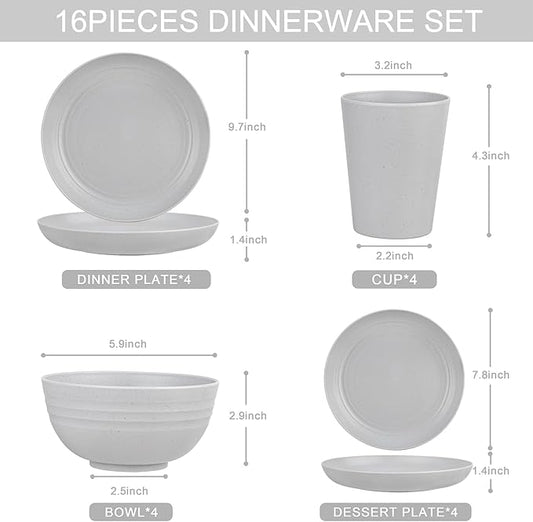 LIYH 16 Pcs Wheat Straw Dinnerware Sets Plastic Dinnerware Sets for 4 Plates and Bowls Set Reusable Tableware Grey Dish Set 8 Plates 4 Bowls 4 Cups Microwave Dishwasher