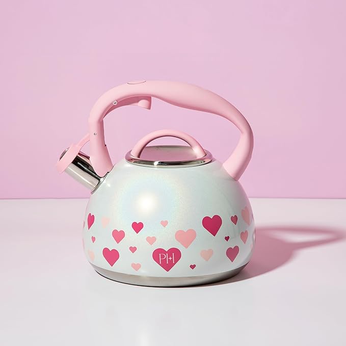 Paris Hilton Whistling Stovetop Tea Kettle, Stainless Steel with Iridescent Heart Design, Soft Touch Handle, 2.5-Quart, Iridescent
