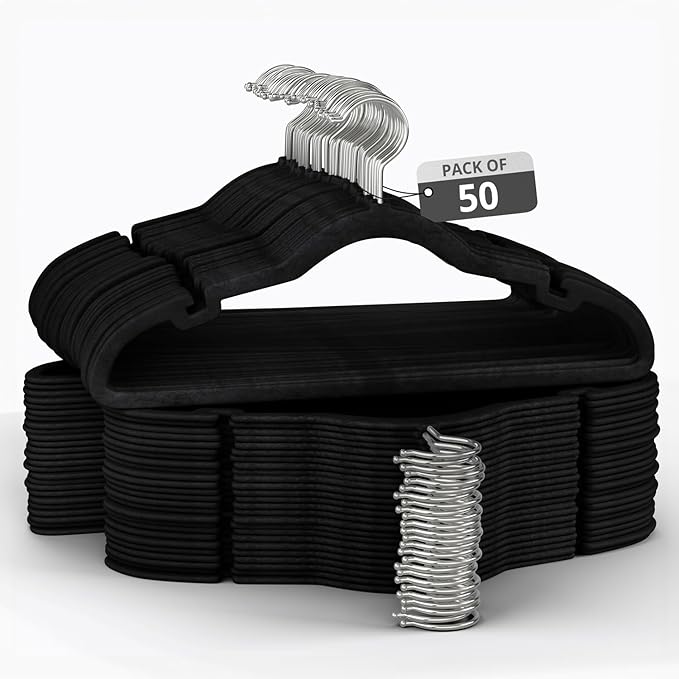 50 Pack Velvet Hanger for Shirt Pants Dresses Skirts Suits Jackets - Slim Space Saving Design - Standard Coat Hanger - Sturdy & Durable Design with Shoulder Grooves Hook - Black