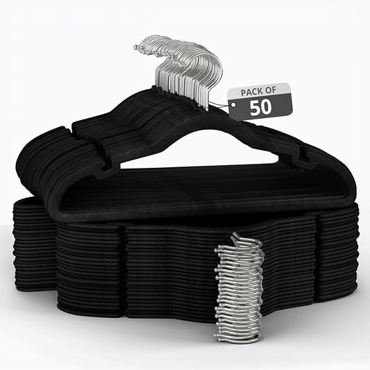 50 Pack Velvet Hanger for Shirt Pants Dresses Skirts Suits Jackets - Slim Space Saving Design - Standard Coat Hanger - Sturdy & Durable Design with Shoulder Grooves Hook - Black