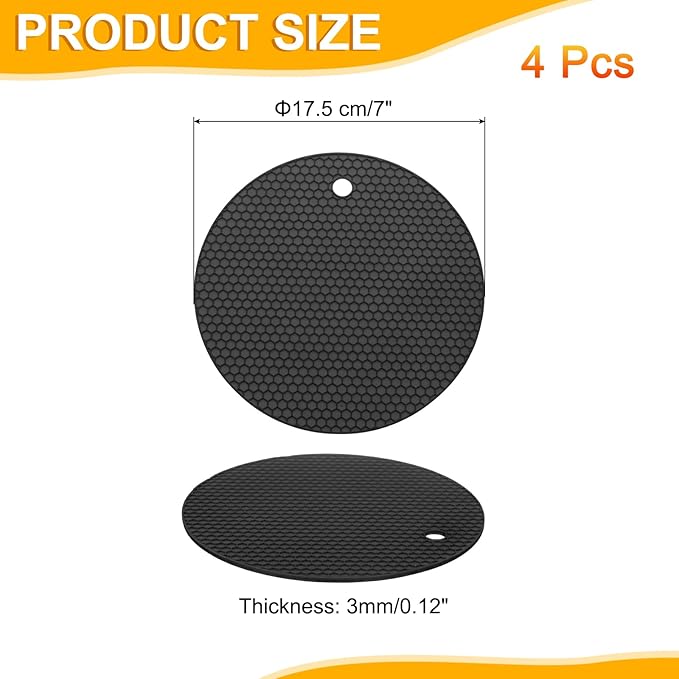 uxcell 4pcs Silicone Jar Opener Pads, 17.5cm/7" Texture Can Opener Multipurpose Round Bottle Lid Opener Non-Slip Coasters for Weak Hands Seniors Children, Black