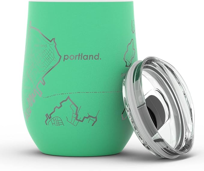 Well Told Engraved Portland Maine Map Insulated Wine Tumbler, Etched Stainless Steel Cup (12 oz, Sunday Green) City Map Insulated Tumbler, Custom Insulated Tumbler, Outdoor Drinkware