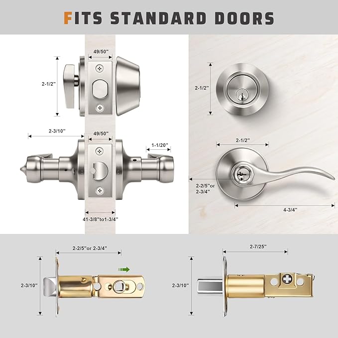 KNOBWELL 2 Pack Satin Nickel Keyed Alike Front Entry Door Lock Set, Single Cylinder Deadbolt and Lever Handle Combination for Exterior/Interior Doors