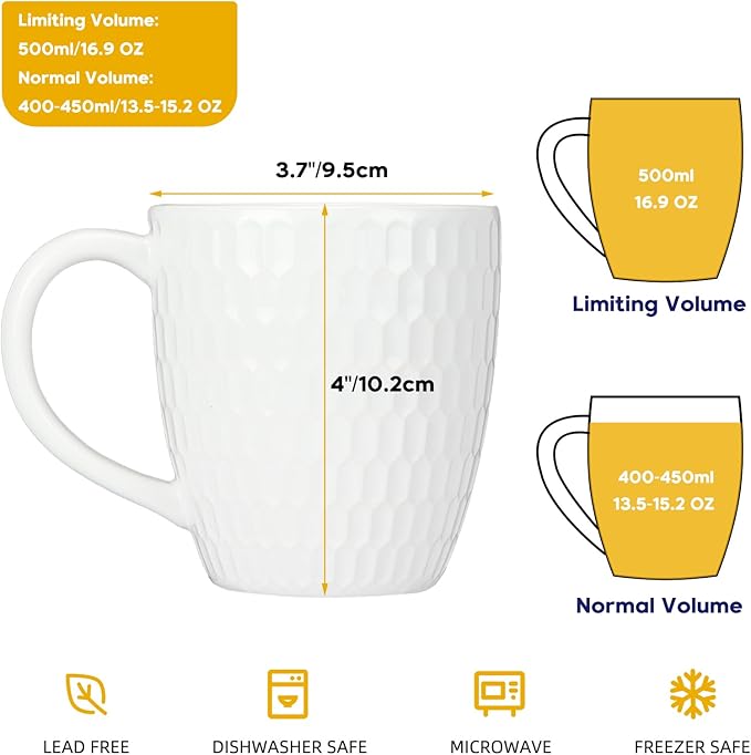 Schliersee 16 OZ Coffee Mugs Set of 6, White Ceramic Coffee Mug, Geometric Pattern Coffee Cups for Latte, Tea, Cappuccino, Mocha, Cocoa, Espresso cups