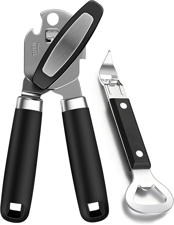 2PCS Can Opener Manual & Bottle Opener, Smooth Edge Manual Can Openers with Strong Magnet, Heavy Duty Stainless Steel Abrelatas Handheld Can Openers - Premium Kitchen Supplies (Black)