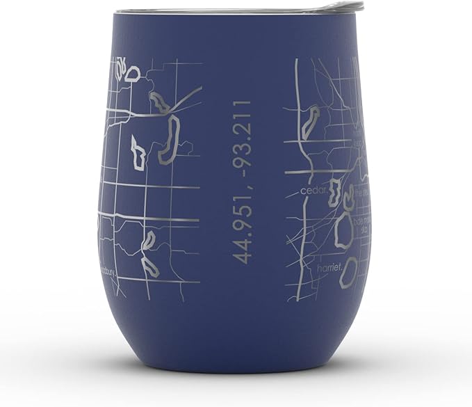 Well Told Engraved Minneapolis Minnesota Map Insulated Wine Tumbler, Etched Stainless Steel Cup (12 oz, Midnight Blue) City Map Insulated Tumbler, Custom Insulated Tumbler, Outdoor Drinkware