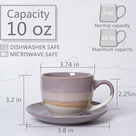 Bosmarlin Ceramic Cappuccino Cup and Saucer Set of 2, 10 Oz, Coffee Cups for Latte, Espresso, Tea, Dishwasher and Microwave Safe (Purple)