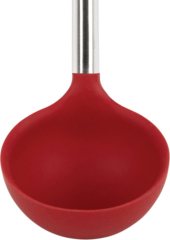 Tovolo Silicone Cooking Utensil Set of 6 Cayenne Red Ladle Slotted Turner Tongs Flex Core Spatula Scraper Mixing Spoon and Potato Masher, Dishwasher Safe Non Toxic BPA Free Silicone Kitchen Utensils