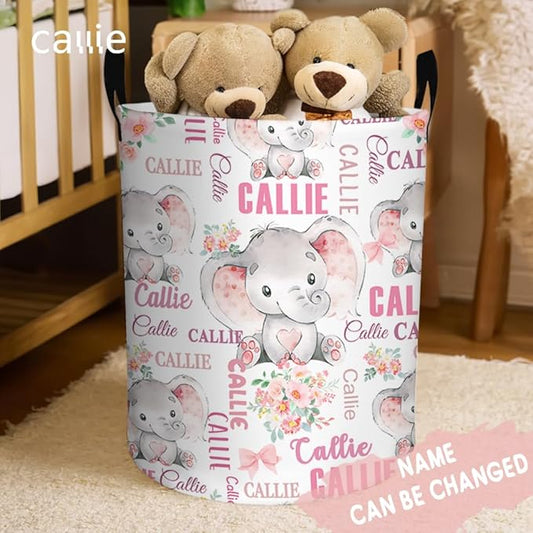callie Personalized Elephant Laundry Basket for Kids Baby, Waterproof Collapsible Laundry Hamper, Clothes Toys Storage Bin for Bedroom Nursery (13.8" x 16.5", 15.7" x 19.6")