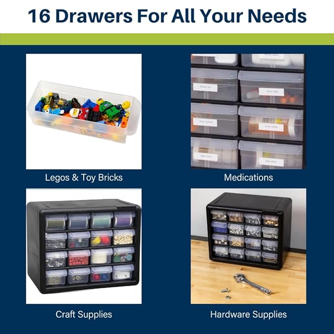 Akro-Mils 16-Drawer Plastic Drawer Storage Cabinet for Garage Organization, Beads, Makeup Organizer, Building Bricks Storage, Teacher Toolbox, 10-1/2-Inch W x 6-1/2-Inch D x 8-1/2-Inch H, 10116 White