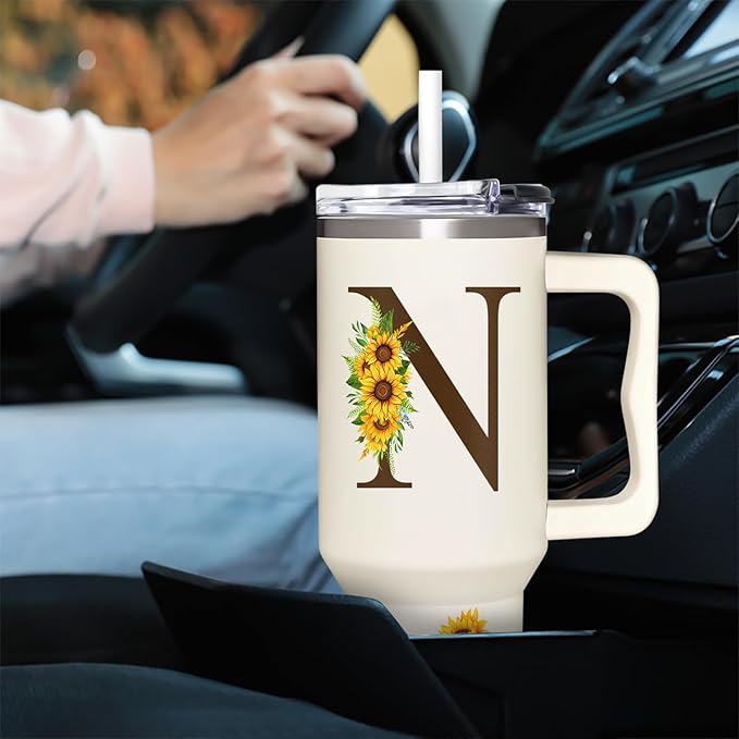 Personalized Birthday Gifts For Women - Sunflowers Monogrammed Cup For Boss Day, Christmas - Customized Gifts For Women, Mom, Wife, Coworkers, Boss Lady, Her - Custom Tumbler With Handle 40oz
