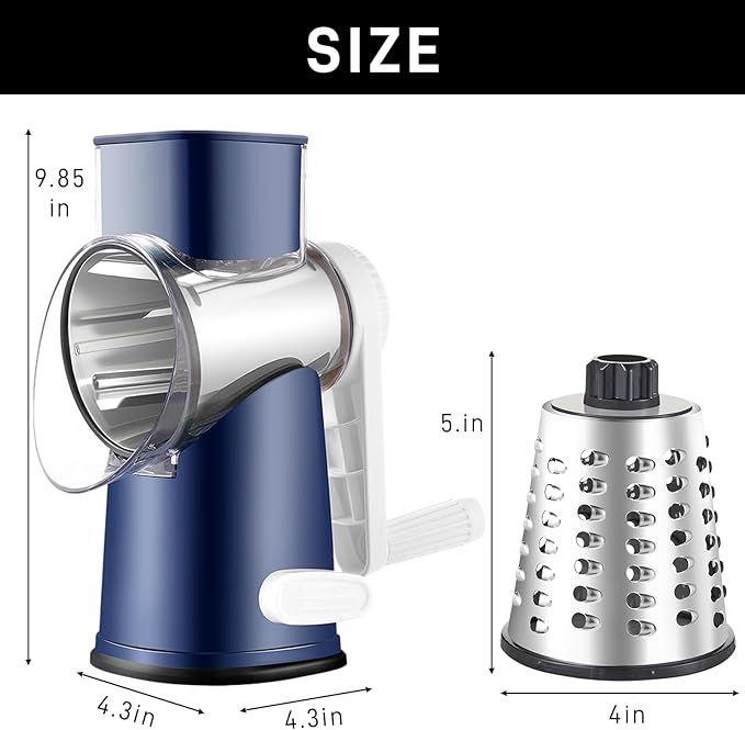 Rotary Cheese Grater with 4 Blades, Hand Crank Cheese Grater with Waffle Slicer, Black and White Cheese Slicer with Suction Base, Easier for Shredding& Grating (Blue, 4 Graters)