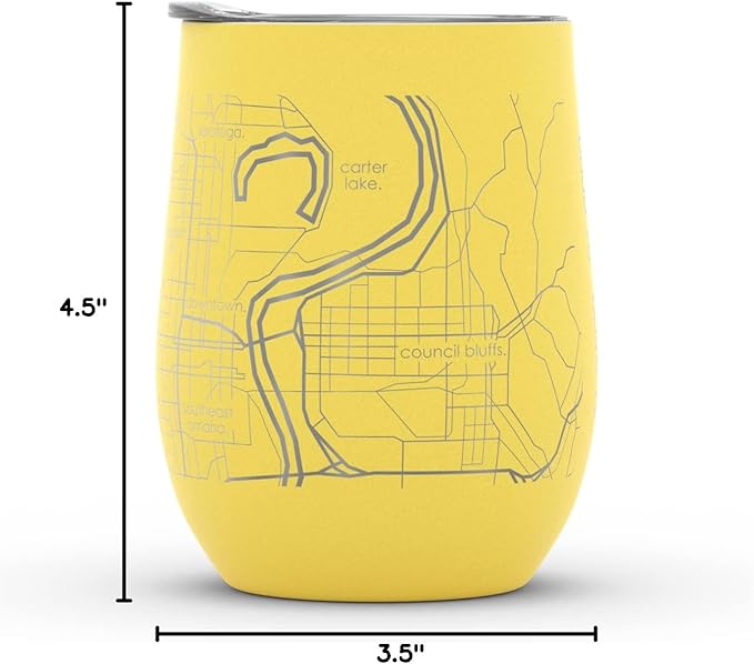 Well Told Engraved Omaha Nebraska Map Insulated Wine Tumbler, Etched Stainless Steel Cup (12 oz, Sunrise Yellow) City Map Insulated Tumbler, Custom Insulated Tumbler, Outdoor Drinkware