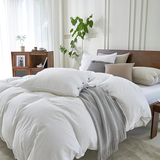 EVERLY 100% Pure Linen Duvet Cover Set California King Size 104X98Inch 3pcs (1 Duvet Cover,2 Pillowcases) Soft and Breathable for All Season with Coconut Button Closure,Suitable for Hot Sleepers-White