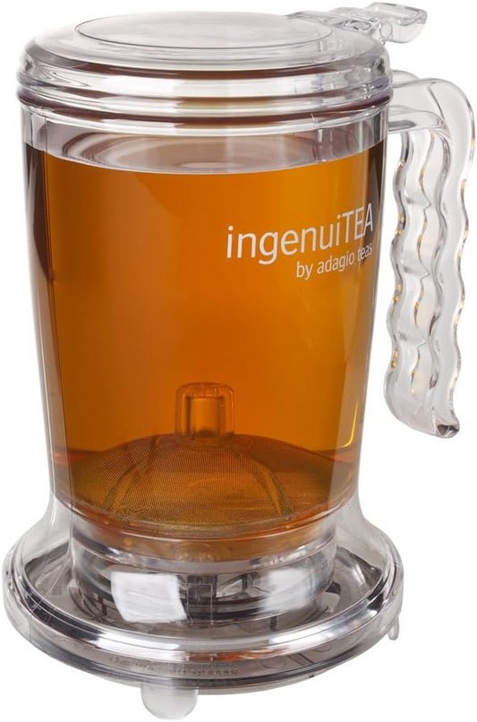 ingenuiTEA Bottom-Dispensing Teapot, PBA-Free. Works with any tea and cup. Makes 16 oz of tea. Dishwasher-safe. The easiest way to prepare loose tea.