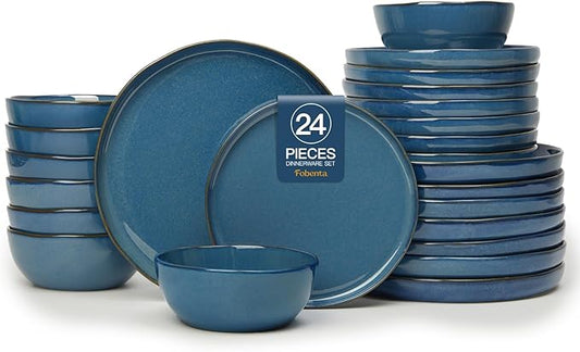 24 Piece Dark Ceramic Dinnerware Set,Slate Blue Plates and Bowls Set for 8 – Minimalist Dish Sets for Hosting with Edge and Elegance