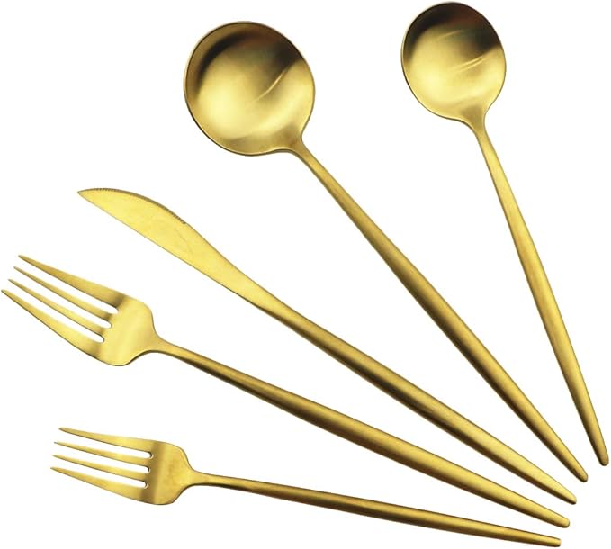 Gugrida Gold Flatware, Royal 5 Piece Luxury Matte Finish 18/10 Stainless Steel Tableware Sets for 1 Including Forks Spoons Knives, Camping Silverware Travel Utensils Set Cutlery (Gold)