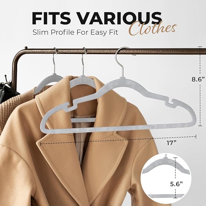 50 Pack Velvet Hanger for Shirt Pants Dresses Skirts Suits Jackets - Slim Space Saving Design - Standard Coat Hanger - Sturdy & Durable Design with Shoulder Grooves Hook - Ivory
