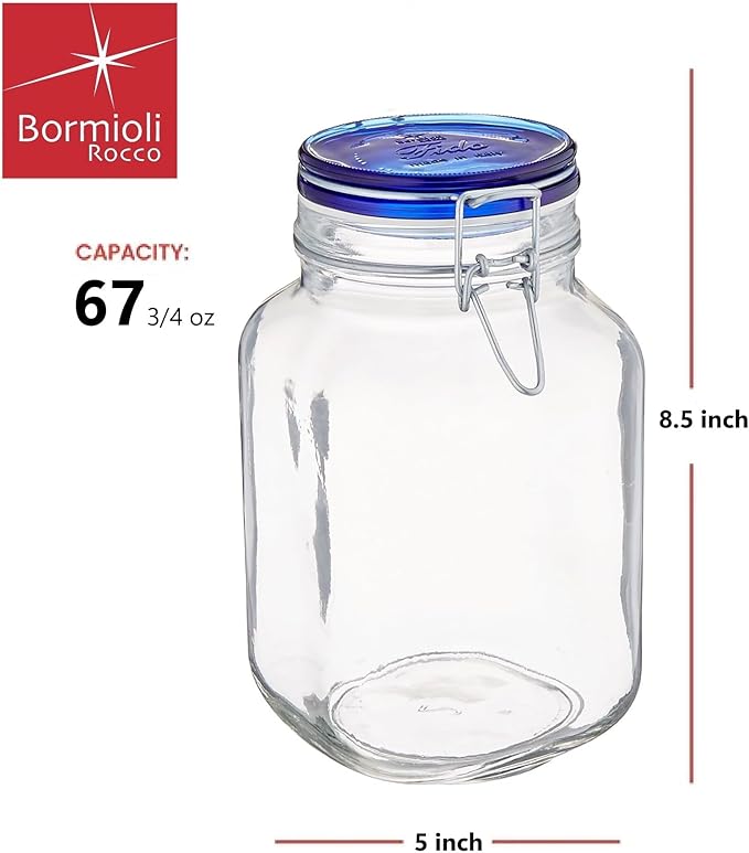 Bormioli Rocco Fido Collection, 2 Pack, 67.75 Oz. Food Storage Glass Jars, Airtight Rubber Seal & Glass Lid, With Stainless Wire Clamp,Made In Italy.