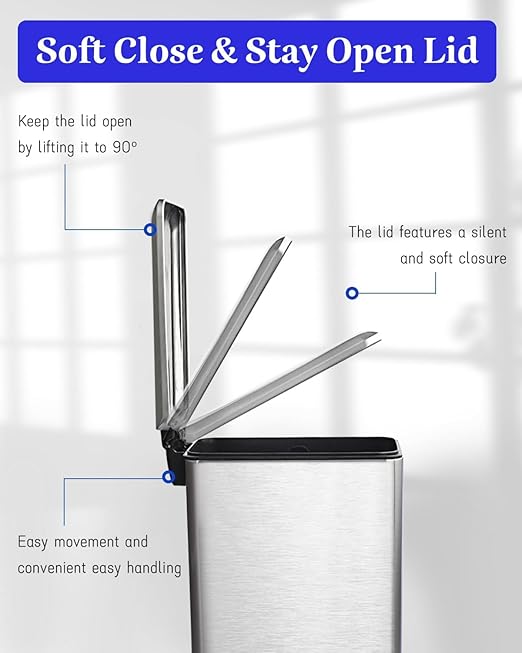 Large Bathroom Trash Can, 16.7L/ 4.4 Gallon Trash Can with Removable Wastebasket, Hand Free Garbage Can with Soft close Lid, Stainless Steel Skinny Trash Bin for Bedroom, Home Office, Silver