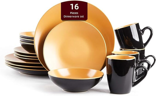 Stoneware Two-Tone Colors Life 16pc Dinner Set，Outside Shiny Black + Inside Matte Glaze Curry
