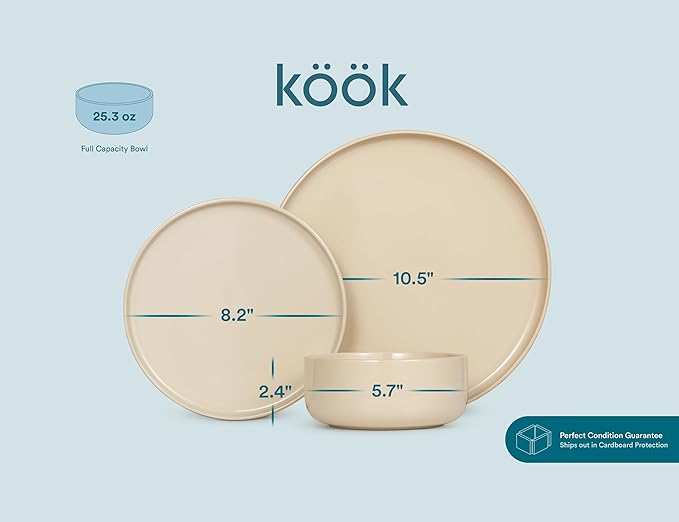 Dinnerware Set, 12 Piece Service for 4, by Kook, Ceramic 10.5” Dinner Plates, 8.2” Salad Plates and 25 oz Soup Bowls, Stoneware, 12 Piece Set, Somerset Collection (Beige)
