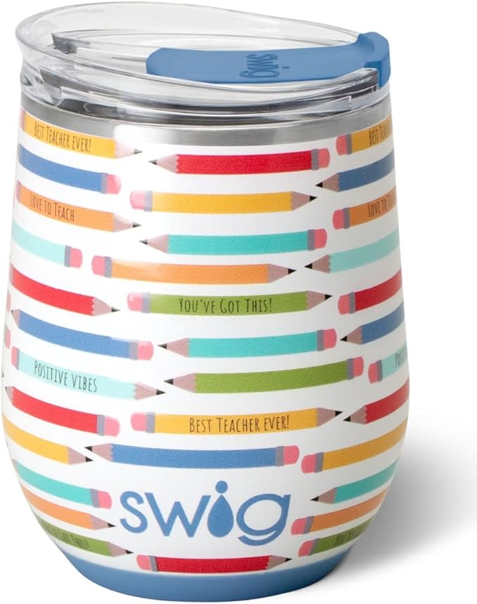 Swig Life 12oz Wine Tumbler with Lid, Stainless Steel, Dishwasher Safe, Portable, Triple Insulated Wine Tumbler (Teacher Life)