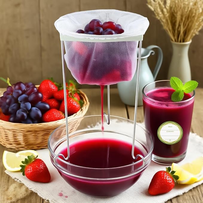 Jelly & Juice Strainer Kit: 3 Stable Stands, 5 Durable Mesh Bags & 12 Labels | Pulp-Free Canning & Nut Milk – Quick Straining for Home Cooks & Enthusiasts