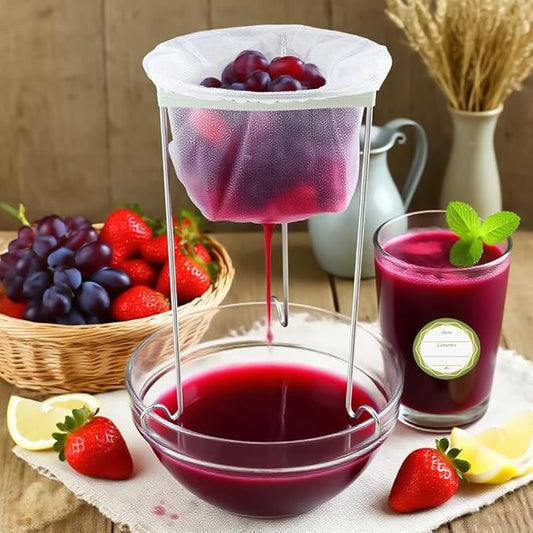 Jelly & Juice Strainer Kit: 3 Stable Stands, 5 Durable Mesh Bags & 12 Labels | Pulp-Free Canning & Nut Milk – Quick Straining for Home Cooks & Enthusiasts