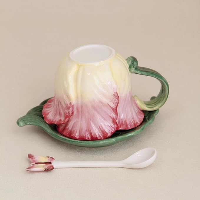 Ceramic Tea Cup and Saucer Set ，6OZ 3D Hand-Painted Flower Coffee Mug，Gift for Women -Pink Tulip