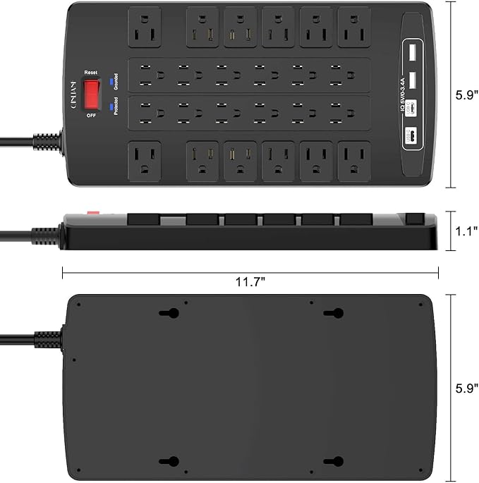 Surge Protector Power Strip - QINLIANF 20Ft Flat Plug Heavy Duty Extension Cord with 24 Outlets and 4 USB Ports(1 USB-C Ports), 1875W/15A, 4100J, for Home, Office, Dorm, ETL Listed, Black