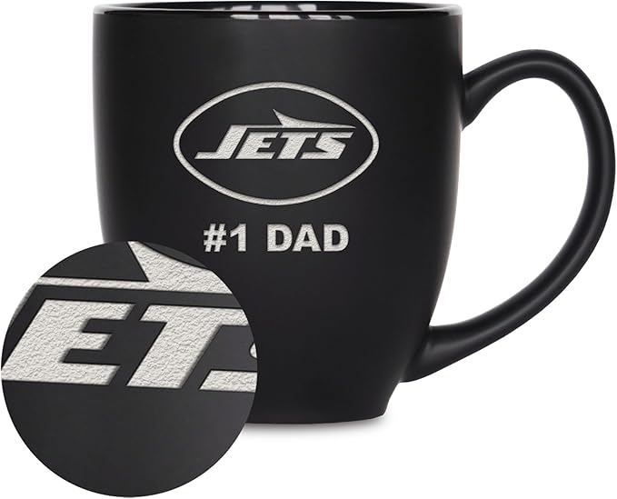 Rico Industries NFL Football #1 Dad 15oz Laser Engraved Matte Black Ceramic Bistro Mug - for Hot or Cold Drinks