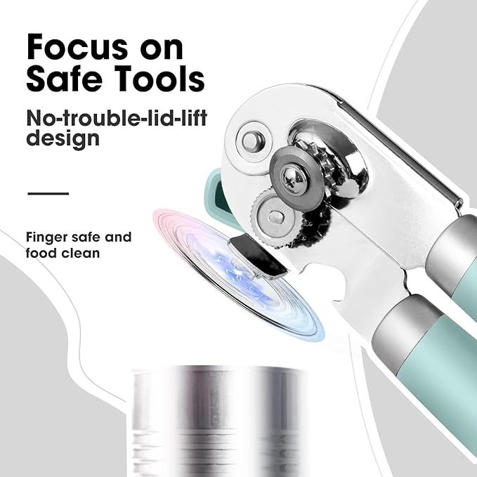 Beneno Heavy Duty Hand Can Opener Manual with Magnet, Durable Sharp Carbon Steel Blade Smooth Cutting, Big Effort-Saving Knob & Soft Grip Handle, Multifunctional Kitchen Tool with Bottle Opener, Mint