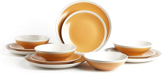 Rock Ridge Speckled Stoneware Dinnerware Set (12pc Set, Yellow and Ivory)