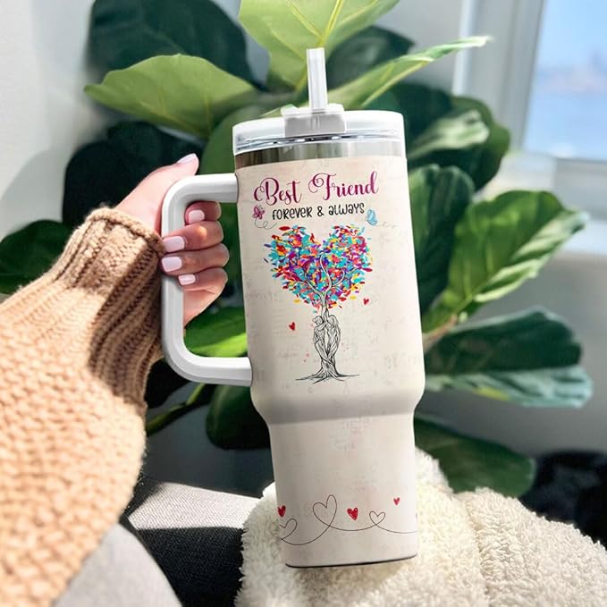 Tumbler 40 Oz With Handle Lid And Straw, Butterfly Funny Handle For Steel Stainless Coffee Women Yellow Heart Tumblers Cups Friends, Best Friend Tree Colorful