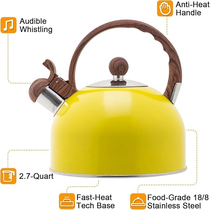 Vilihkc Whistling Stainless Steel Tea Kettle with Wood Grain Anti Heat Handle,2.6 Quart/2.5 Liter Stainless Steel Tea Kettles,Loud Whistling for Tea,Coffee,Gas Electric Applicable