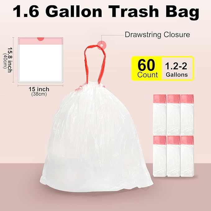 ELPHECO 1.6 Gallon Small Trash Bags 60 Count - For 1.2-2 Gallon Trash Cans, 4.5-8L Drawstring Garbage Bags, Strong Bathroom Trash Bags, Clear Tear free Garbage Bags, 60 Count / 6 Rolls