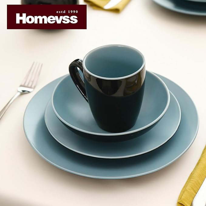 Stoneware Two-Tone Colors Life 16pc Dinner Set， Outside Shiny Black + Inside Matte Glaze Turquoise