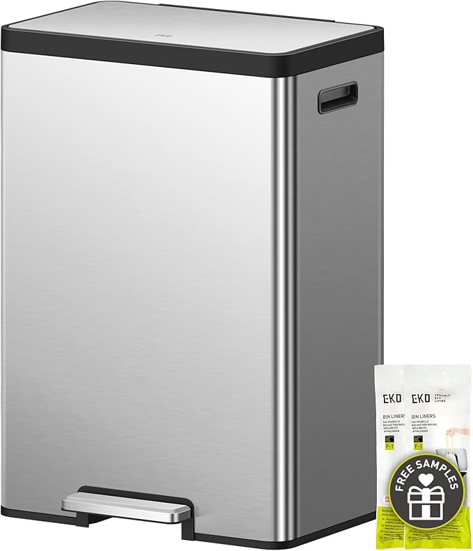 EKO EcoCasa II Rectangular Kitchen Step Trash Can, 20L+20L Dual Compartment Recycling Bins, Stainless Steel Lid and Pedal, Odor-Proof, Fingerprint Resistant