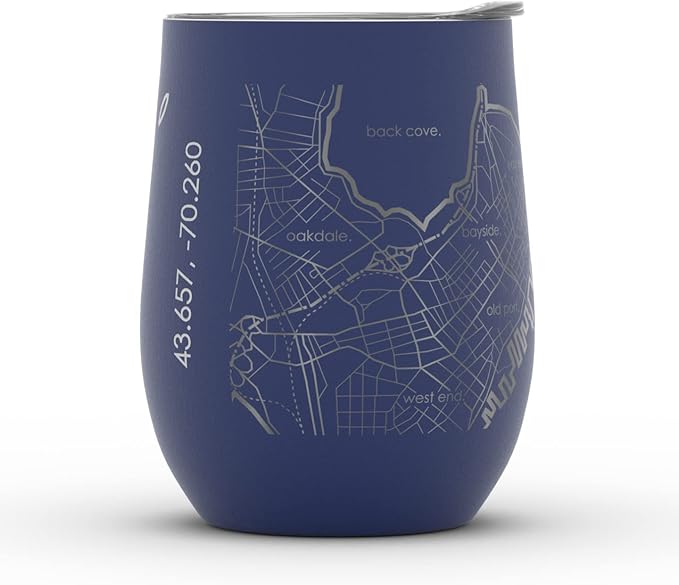 Well Told Engraved Portland Maine Map Insulated Wine Tumbler, Etched Stainless Steel Cup (12 oz, Midnight Blue) City Map Insulated Tumbler, Custom Insulated Tumbler, Outdoor Drinkware